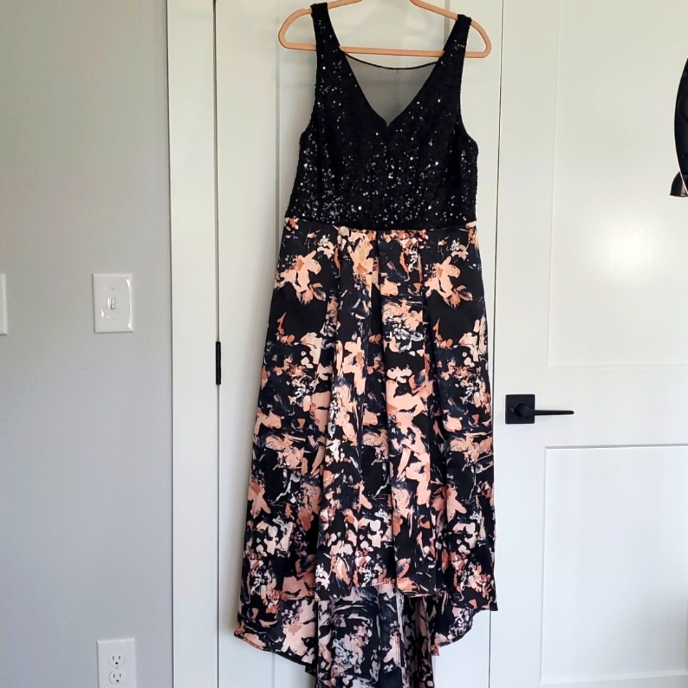 Marina sz 16 black and peach high low dress with sequins